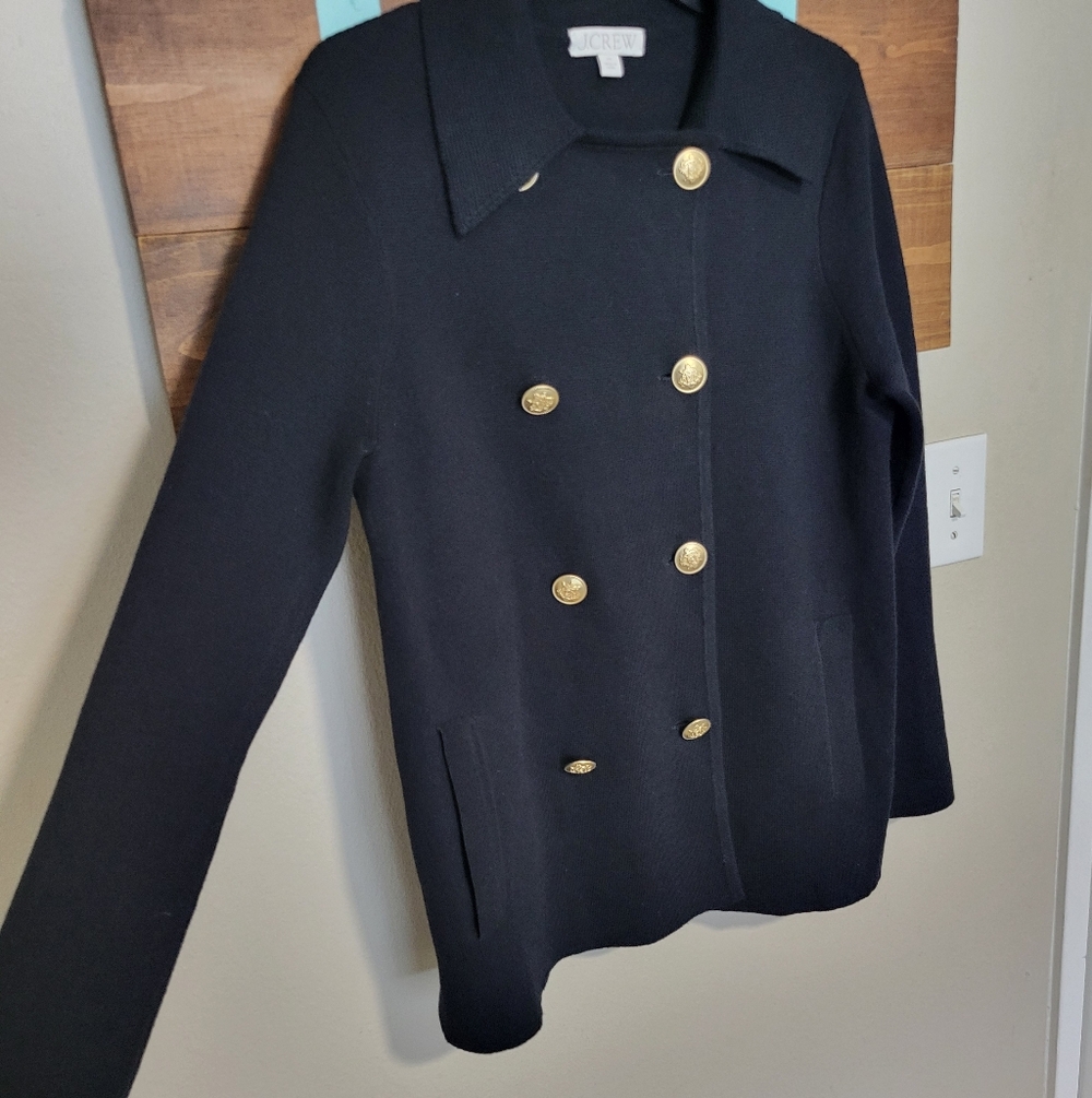J.Crew Black Double-Breasted Warwick Tight Knit Gold Button Coat Size Xs - Picture 2 of 9